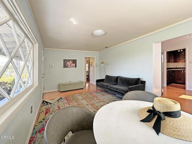 living room with ornamental molding and light wood-type flooring