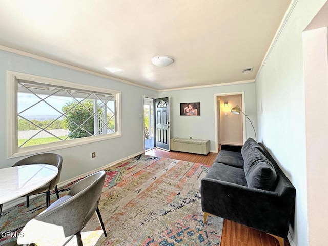 living room featuring hardwood / wood-style flooring and crown molding