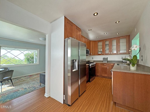 kitchen featuring stainless steel appliances, sink, and light hardwood / wood-style flooring