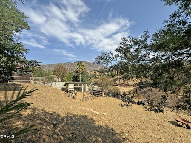 view of yard featuring a mountain view and an outbuilding