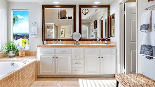 bathroom featuring tile patterned flooring, vanity, separate shower and tub, and decorative backsplash