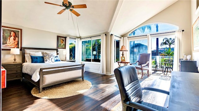 bedroom featuring ceiling fan, lofted ceiling, dark hardwood / wood-style floors, and access to outside