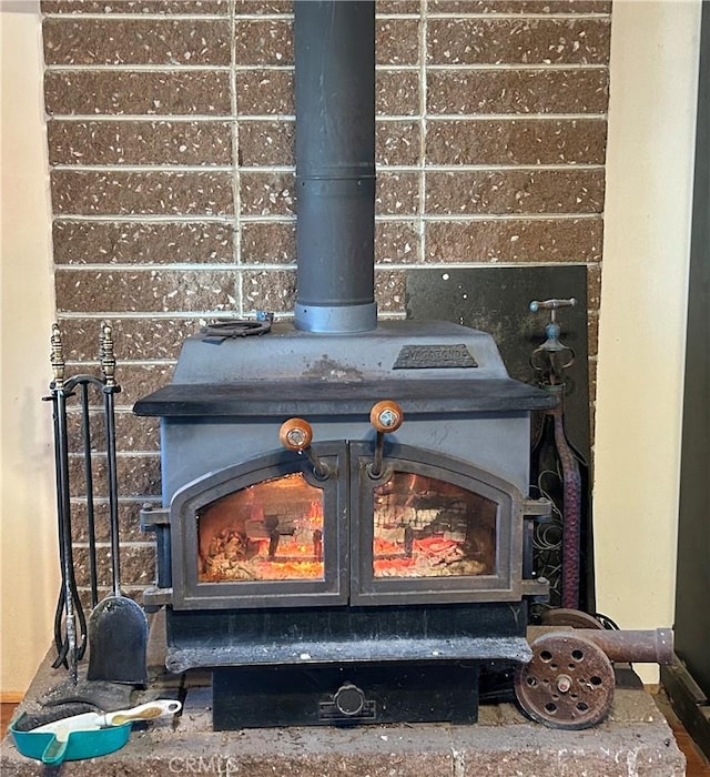 interior details featuring a wood stove