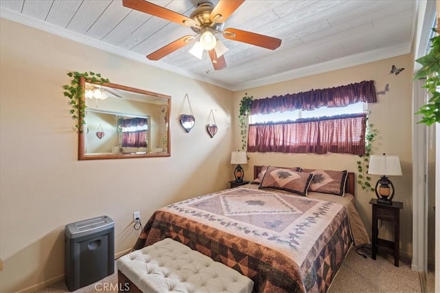 bedroom with crown molding, carpet floors, wood ceiling, and ceiling fan