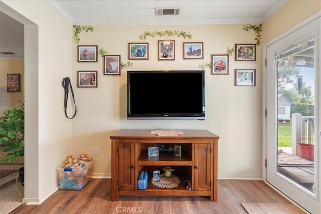 interior space with crown molding, plenty of natural light, and wood-type flooring