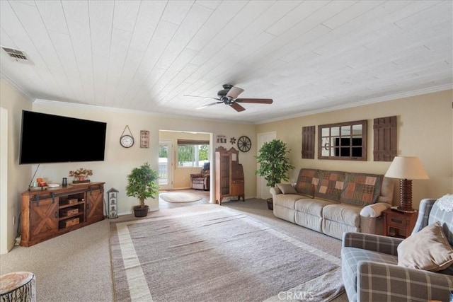 carpeted living room featuring wood ceiling, ceiling fan, and ornamental molding