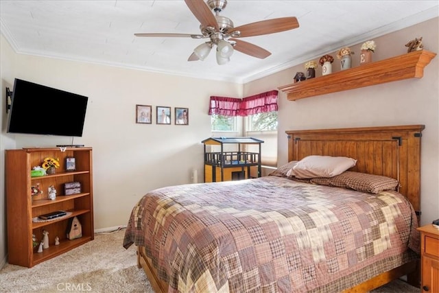 carpeted bedroom featuring crown molding