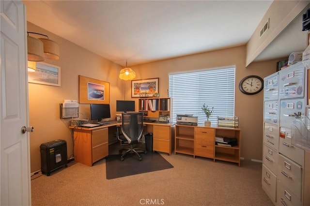 office space with light colored carpet