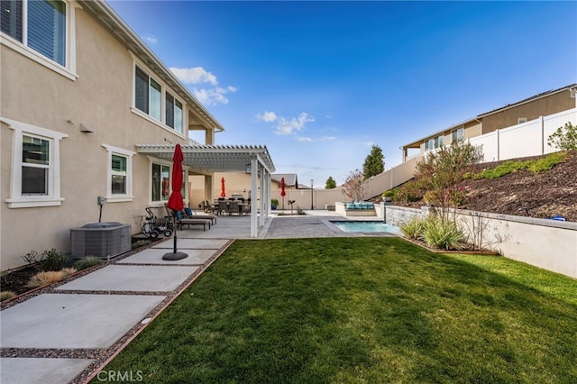 view of yard with a patio, a fenced backyard, cooling unit, a fenced in pool, and a pergola