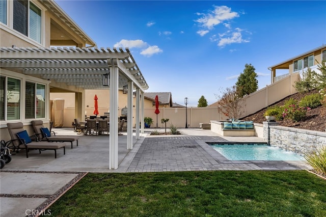 view of pool featuring a fenced backyard, a lawn, a fenced in pool, a pergola, and a patio area