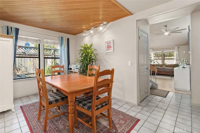 dining room with ceiling fan, wooden ceiling, and light tile patterned floors