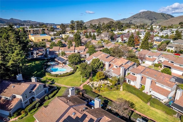 drone / aerial view featuring a mountain view