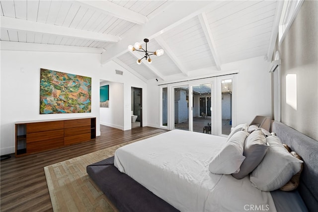 bedroom with a chandelier, access to exterior, dark hardwood / wood-style flooring, and vaulted ceiling with beams