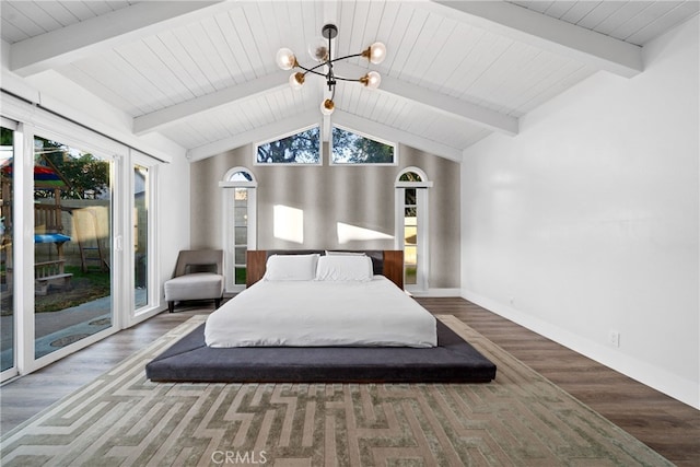 bedroom with an inviting chandelier, access to exterior, dark hardwood / wood-style flooring, and vaulted ceiling with beams