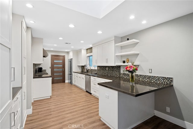 kitchen featuring white cabinets, backsplash, light hardwood / wood-style floors, kitchen peninsula, and stainless steel appliances