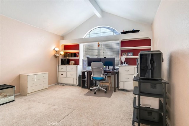 office with beam ceiling, high vaulted ceiling, and light carpet