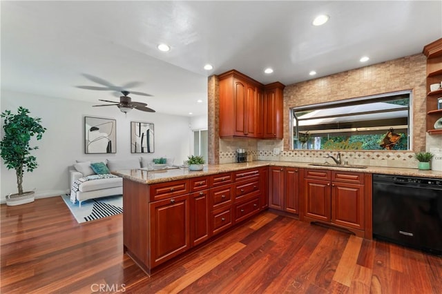 kitchen featuring dark wood-type flooring, sink, tasteful backsplash, dishwasher, and kitchen peninsula