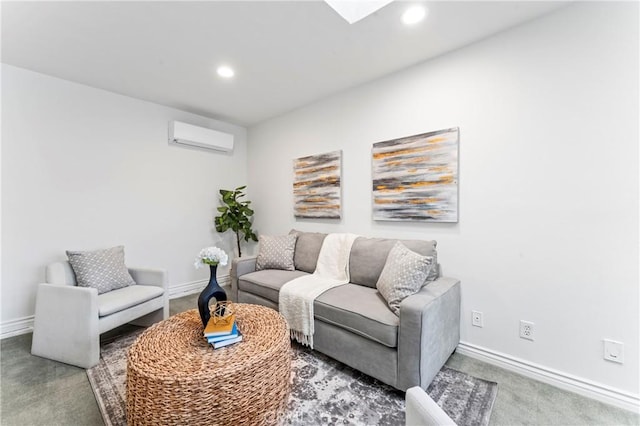 living room with a skylight, carpet floors, and a wall unit AC