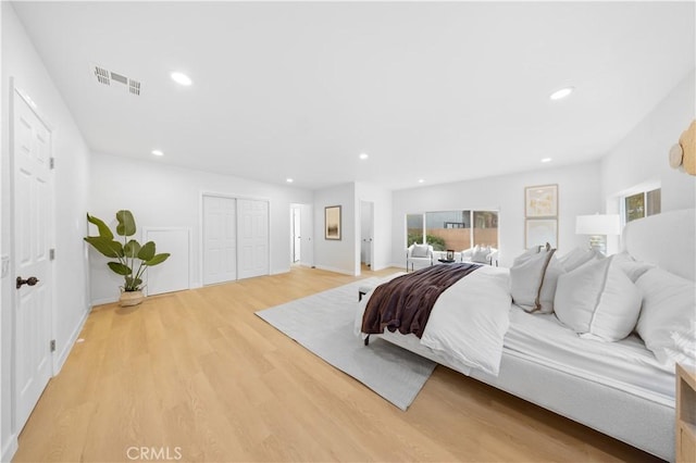 bedroom featuring light hardwood / wood-style floors and a closet