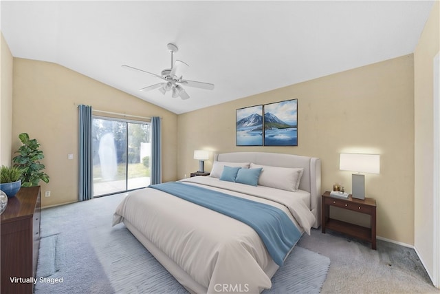 bedroom with access to outside, light colored carpet, ceiling fan, and vaulted ceiling