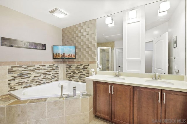 bathroom featuring vanity and plus walk in shower