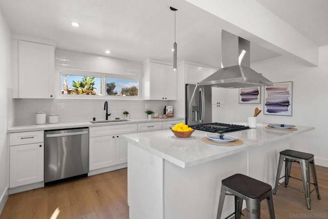 kitchen with white cabinetry, sink, island range hood, and stainless steel appliances