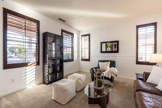 living room featuring light carpet