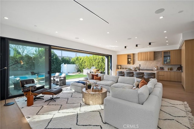 living room with sink and light hardwood / wood-style flooring