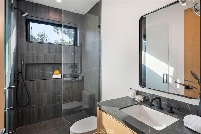 bathroom with vanity, toilet, and an enclosed shower