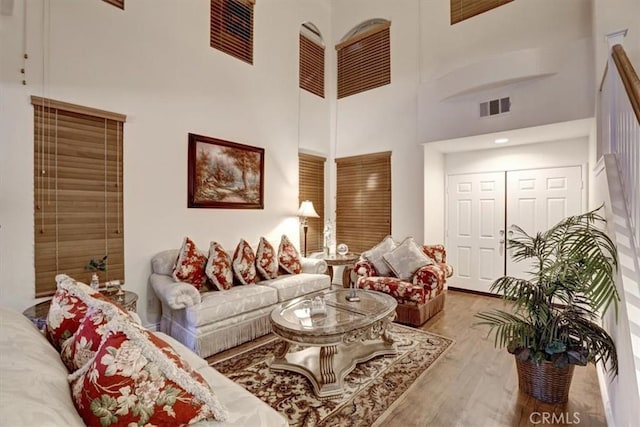 living room featuring a towering ceiling and wood-type flooring