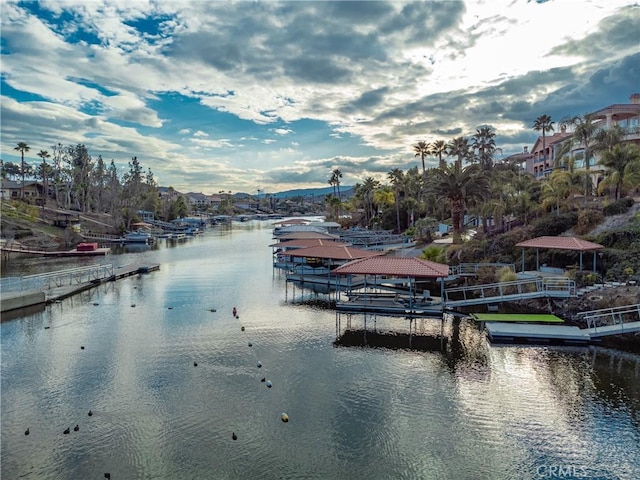 property view of water with a dock