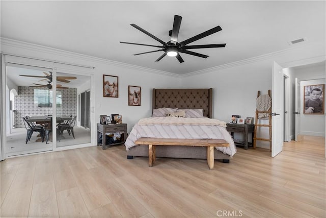 bedroom featuring ceiling fan, ornamental molding, light wood-type flooring, and access to outside