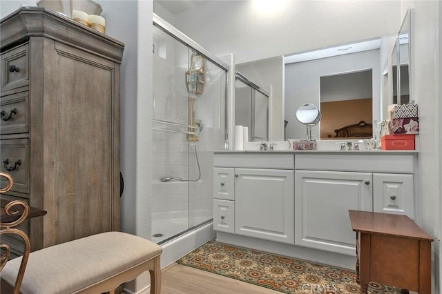 bathroom featuring vanity and a shower with shower door