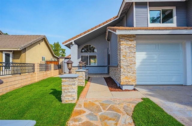 exterior space with a garage and a front lawn