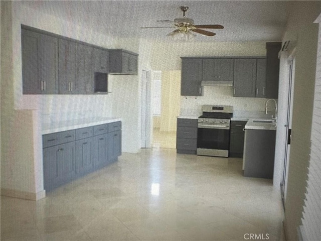 kitchen featuring electric stove, ceiling fan, ventilation hood, and sink