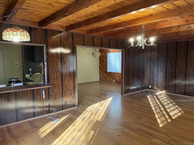 interior space with hardwood / wood-style floors, wooden walls, beamed ceiling, wood ceiling, and an inviting chandelier