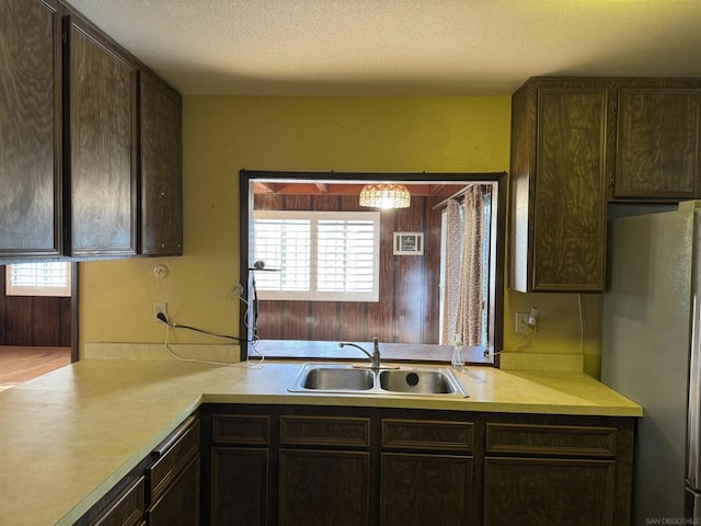 kitchen with plenty of natural light, stainless steel fridge, sink, and dark brown cabinets