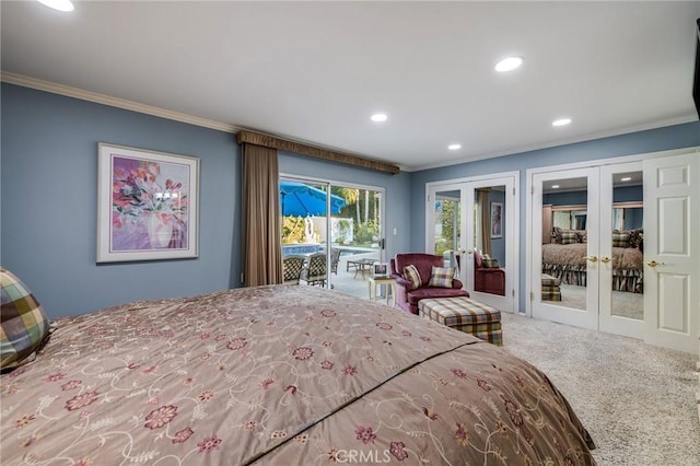 bedroom with french doors, ornamental molding, access to exterior, and carpet