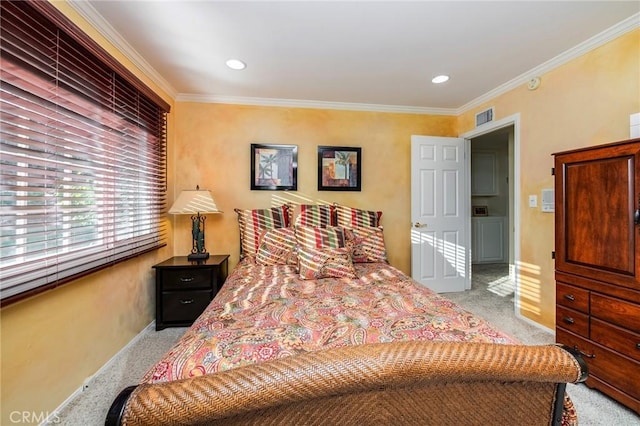 carpeted bedroom featuring crown molding