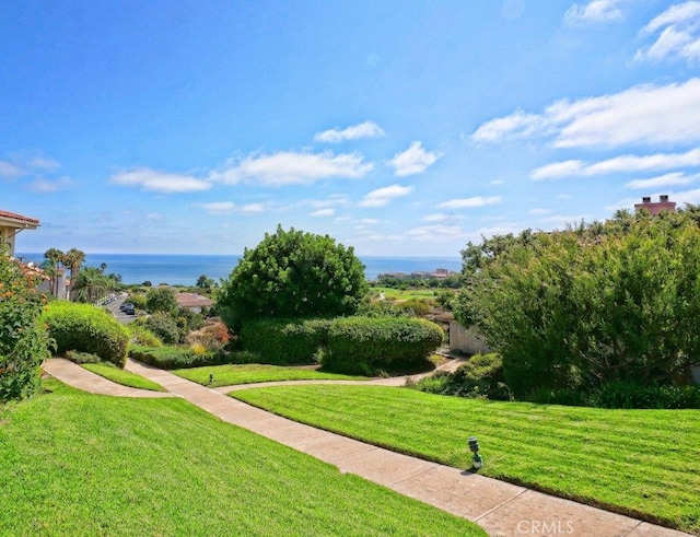 view of property's community with a yard and a water view