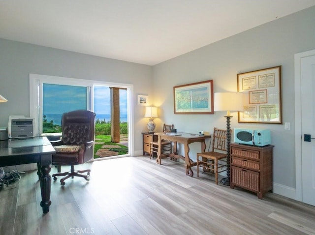 office area with light hardwood / wood-style flooring