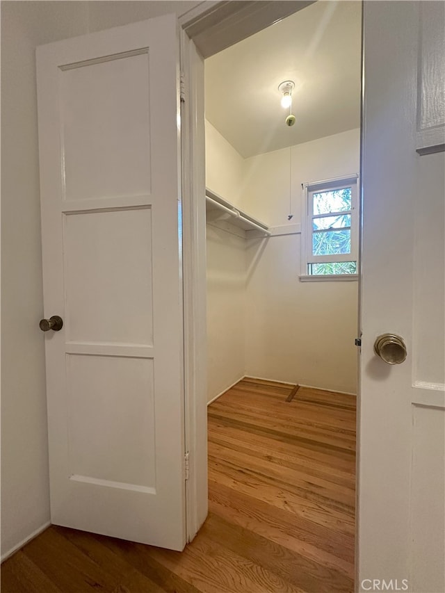 walk in closet with wood-type flooring