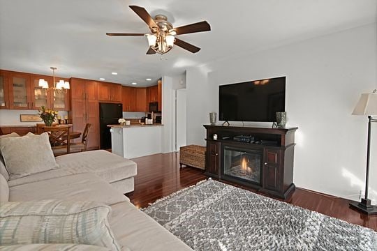 living room with ceiling fan with notable chandelier and dark hardwood / wood-style flooring