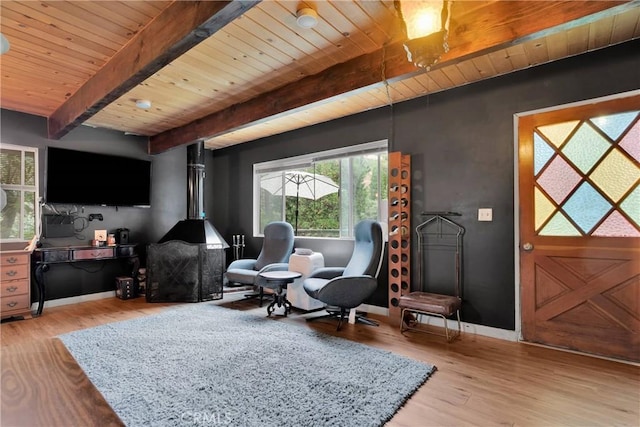 sitting room with beamed ceiling, wood-type flooring, a wood stove, and wooden ceiling