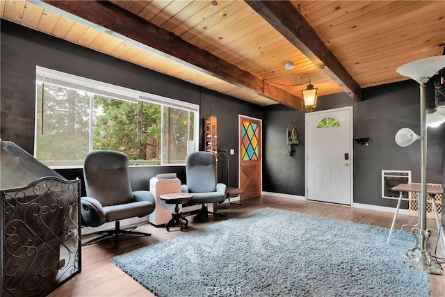 living area featuring heating unit, wood ceiling, beam ceiling, and wood-type flooring