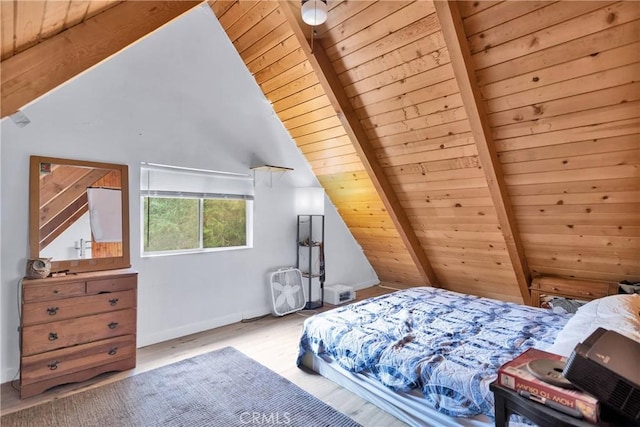 bedroom featuring lofted ceiling with beams, light hardwood / wood-style floors, and wooden ceiling