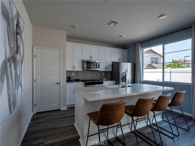 kitchen with appliances with stainless steel finishes, sink, a kitchen island with sink, and white cabinets