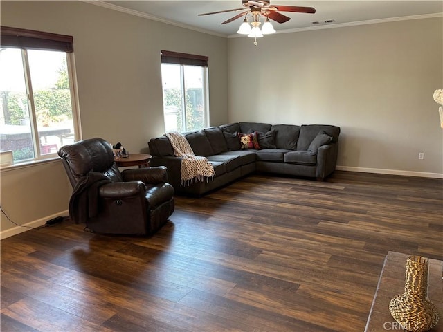 living area featuring baseboards, a ceiling fan, dark wood-type flooring, and visible vents