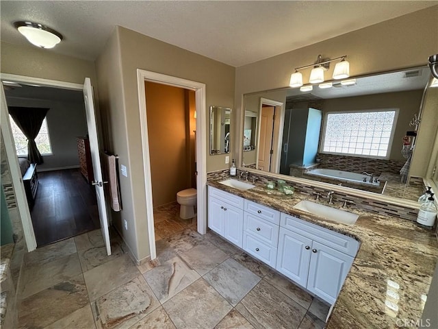 bathroom with a sink, toilet, and a wealth of natural light