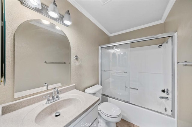 full bathroom featuring toilet, ornamental molding, shower / bath combination with glass door, and vanity